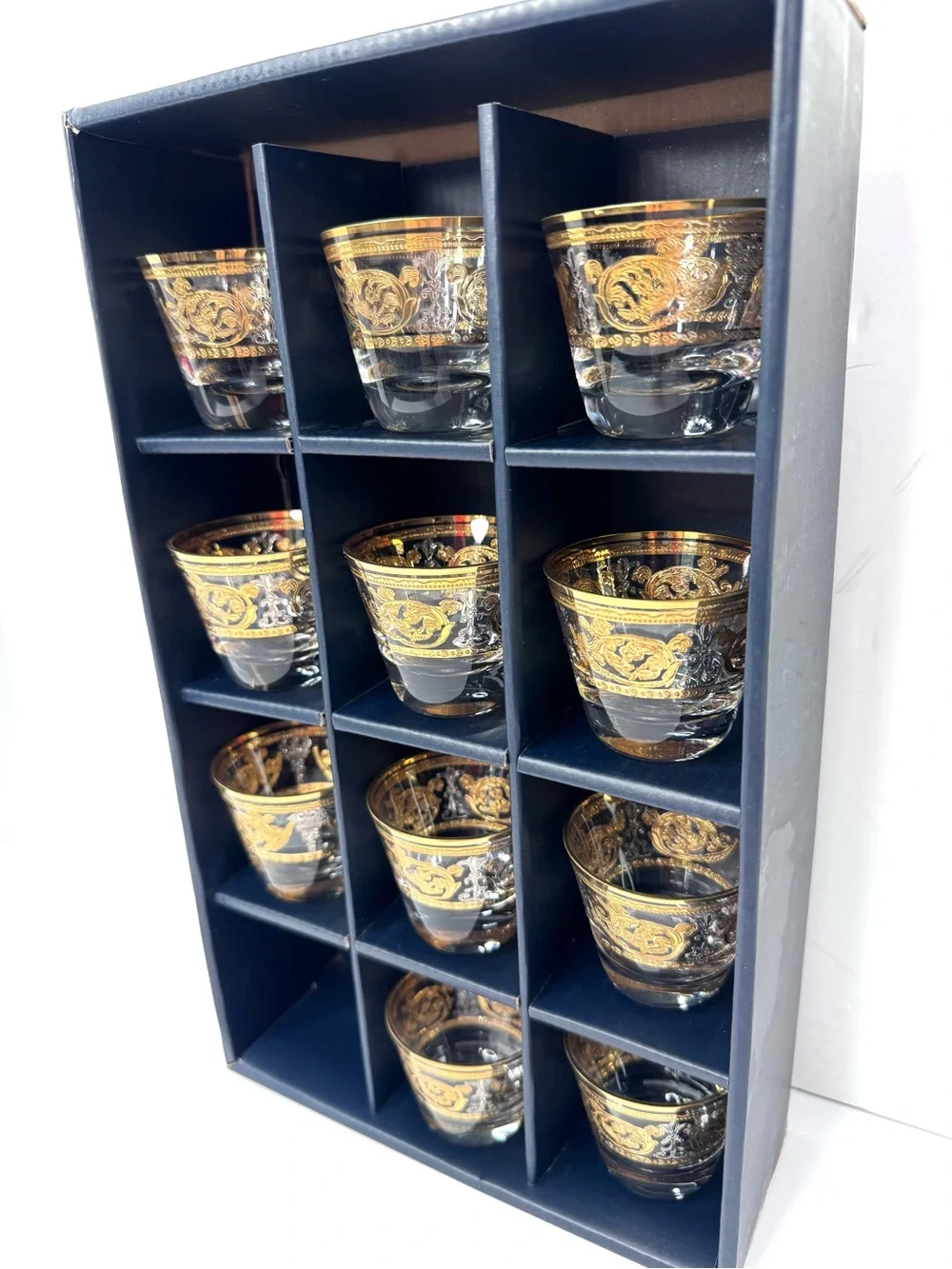 Turkish Arabic Coffee Glass Cups Gold Etched Set w/ Box Made in Turkey Set Of 11